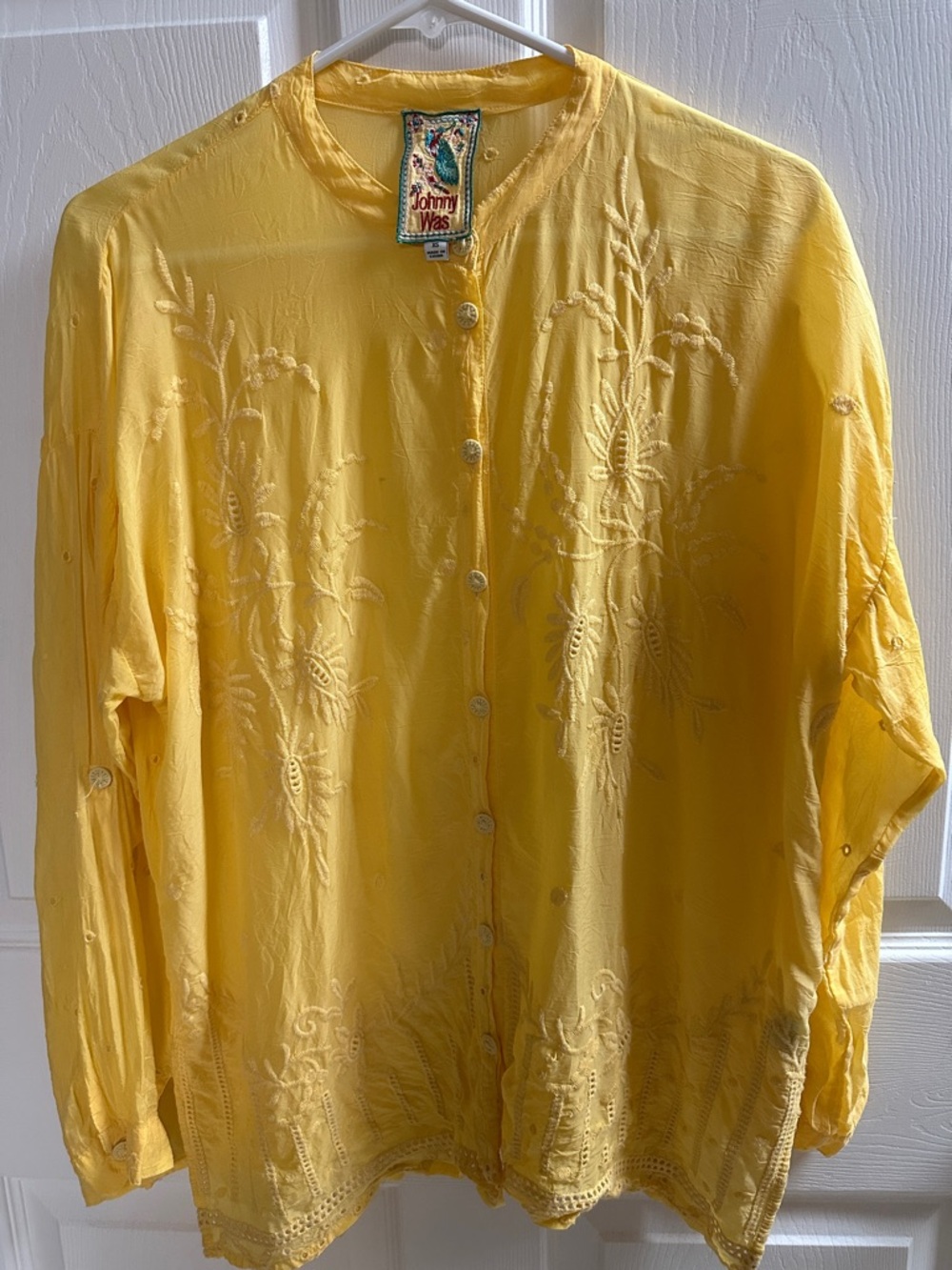 Johnny Was Bright Yellow Embroidered Button-Front Blouse